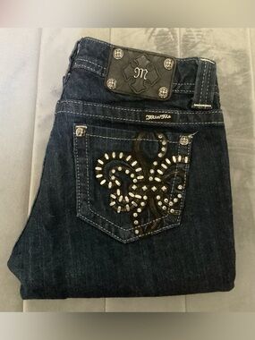 Miss Me Dark Blue Bootcut Jeans with Studded Fleur-de-Lis